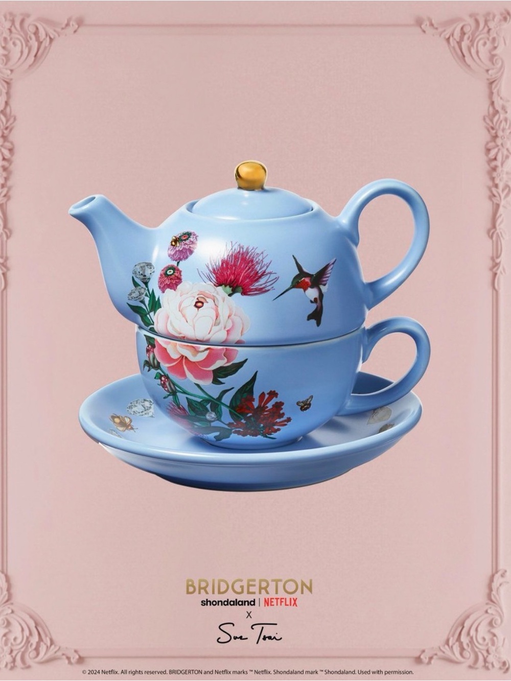 Bridgerton x Sue Tsai Teapot for One Tea Set Blue Floral Hummingbird